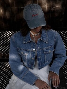 Zara Cropped Denim Jacket Blue Fitted Long Sleeve Jean Jacket Y2K Size S